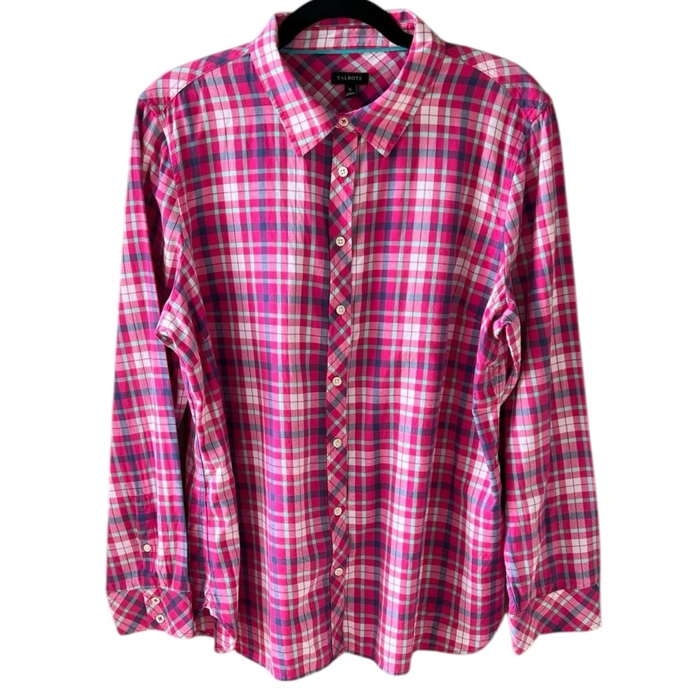 Talbots 100% Cotton Sz XL Pink Plaid Long Sleeve Button Down Shirt